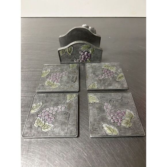 A. Richesco Corporation Metal Handpainted Raised Flower/Fruit Art Coaster Set - Picture 1 of 8